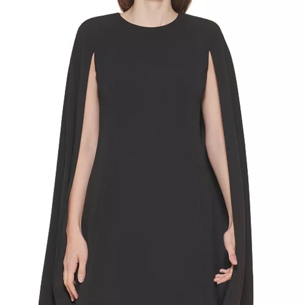 Calvin Klein Elegant Black Dress with Cape sleeve/ Gold Zipper back.